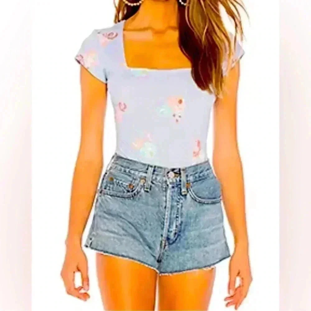 Free People Blue Floral Square Cut Bodysuit M